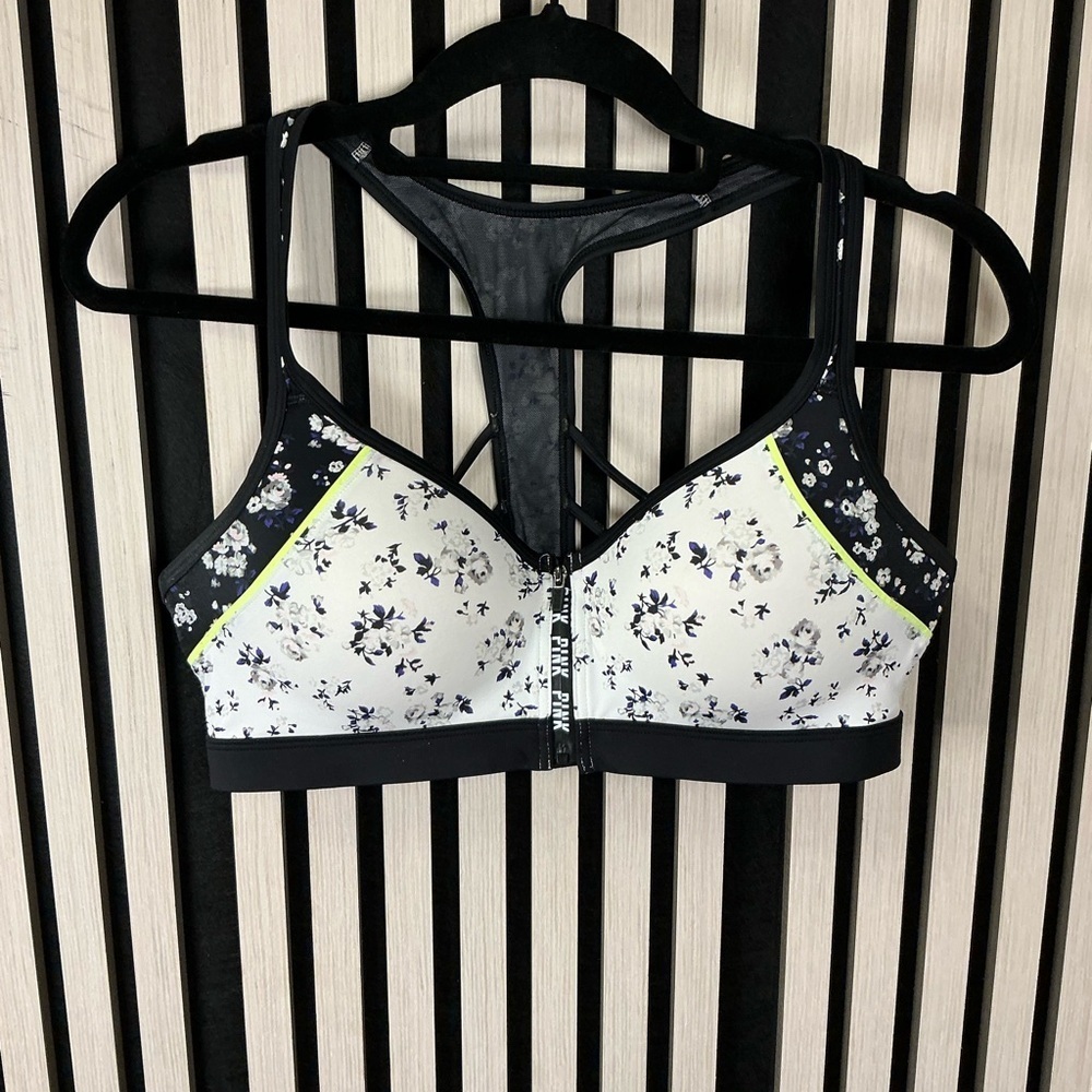 VS Pink Floral Black and White Sports Bra Sz lg